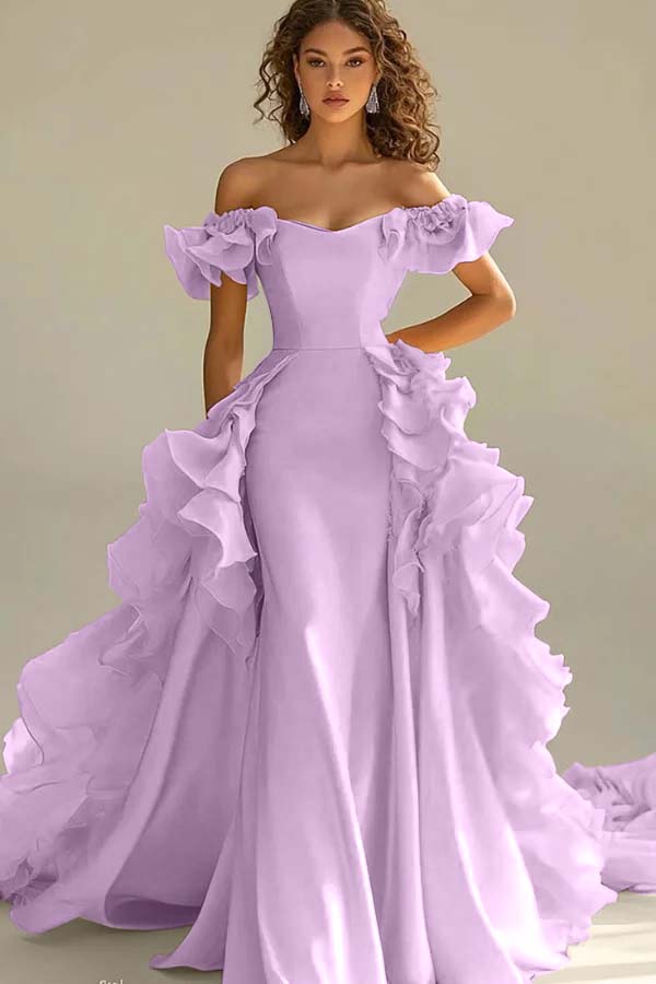 Yellow Sheath/Column Prom Dress Cap Sleeve Off the Shoulder Ruffled Formal Dress