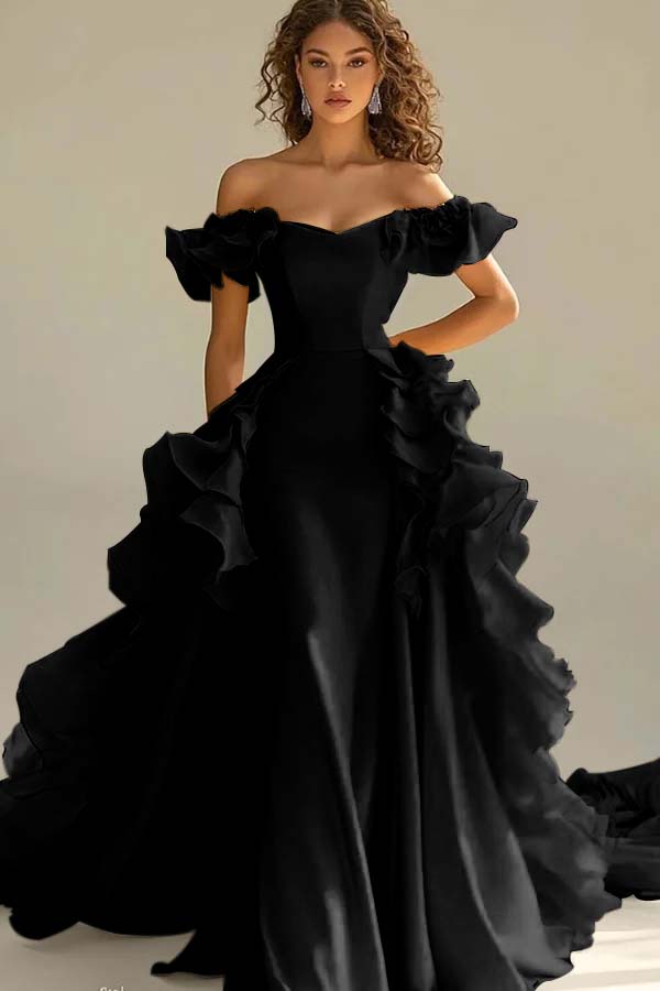 Yellow Sheath/Column Prom Dress Cap Sleeve Off the Shoulder Ruffled Formal Dress