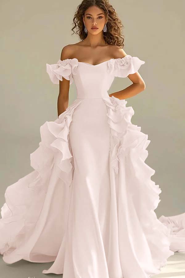 Yellow Sheath/Column Prom Dress Cap Sleeve Off the Shoulder Ruffled Formal Dress