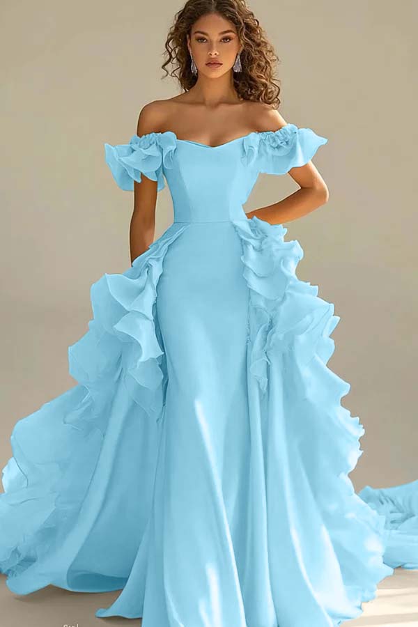 Yellow Sheath/Column Prom Dress Cap Sleeve Off the Shoulder Ruffled Formal Dress