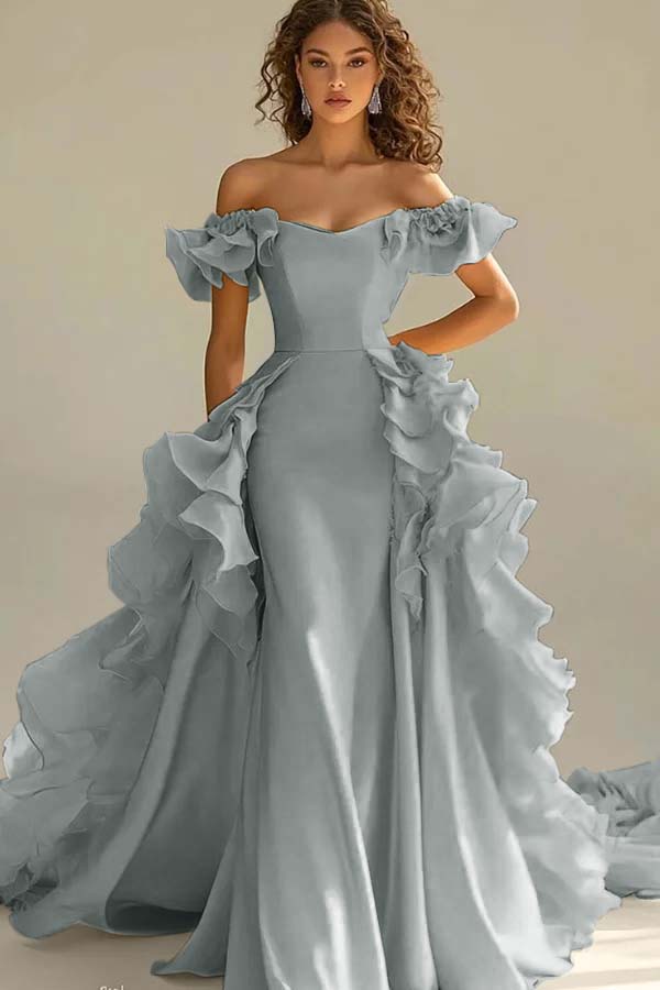 Yellow Sheath/Column Prom Dress Cap Sleeve Off the Shoulder Ruffled Formal Dress