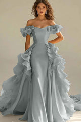 Yellow Sheath/Column Prom Dress Cap Sleeve Off the Shoulder Ruffled Formal Dress