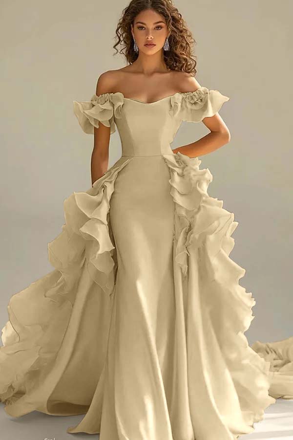 Yellow Sheath/Column Prom Dress Cap Sleeve Off the Shoulder Ruffled Formal Dress