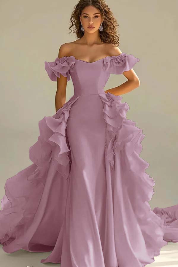 Yellow Sheath/Column Prom Dress Cap Sleeve Off the Shoulder Ruffled Formal Dress