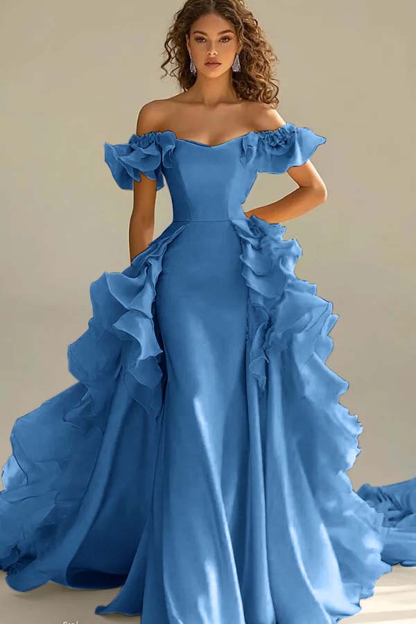 Yellow Sheath/Column Prom Dress Cap Sleeve Off the Shoulder Ruffled Formal Dress
