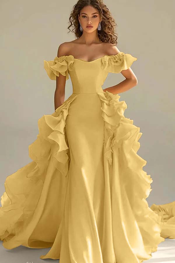 Yellow Sheath/Column Prom Dress Cap Sleeve Off the Shoulder Ruffled Formal Dress