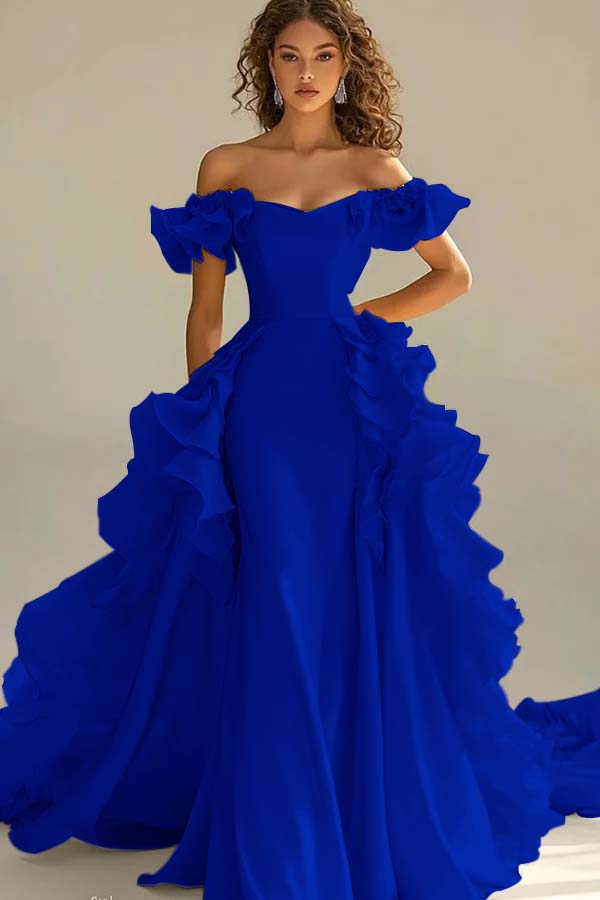 Yellow Sheath/Column Prom Dress Cap Sleeve Off the Shoulder Ruffled Formal Dress