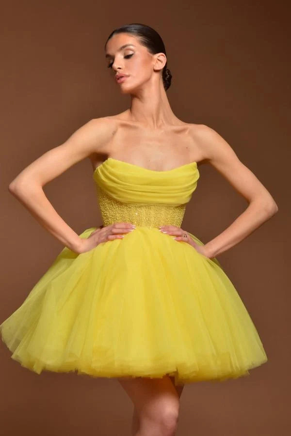 Yellow Strapless Homecoming Dress A Line Tulle Short Cocktail Dresses