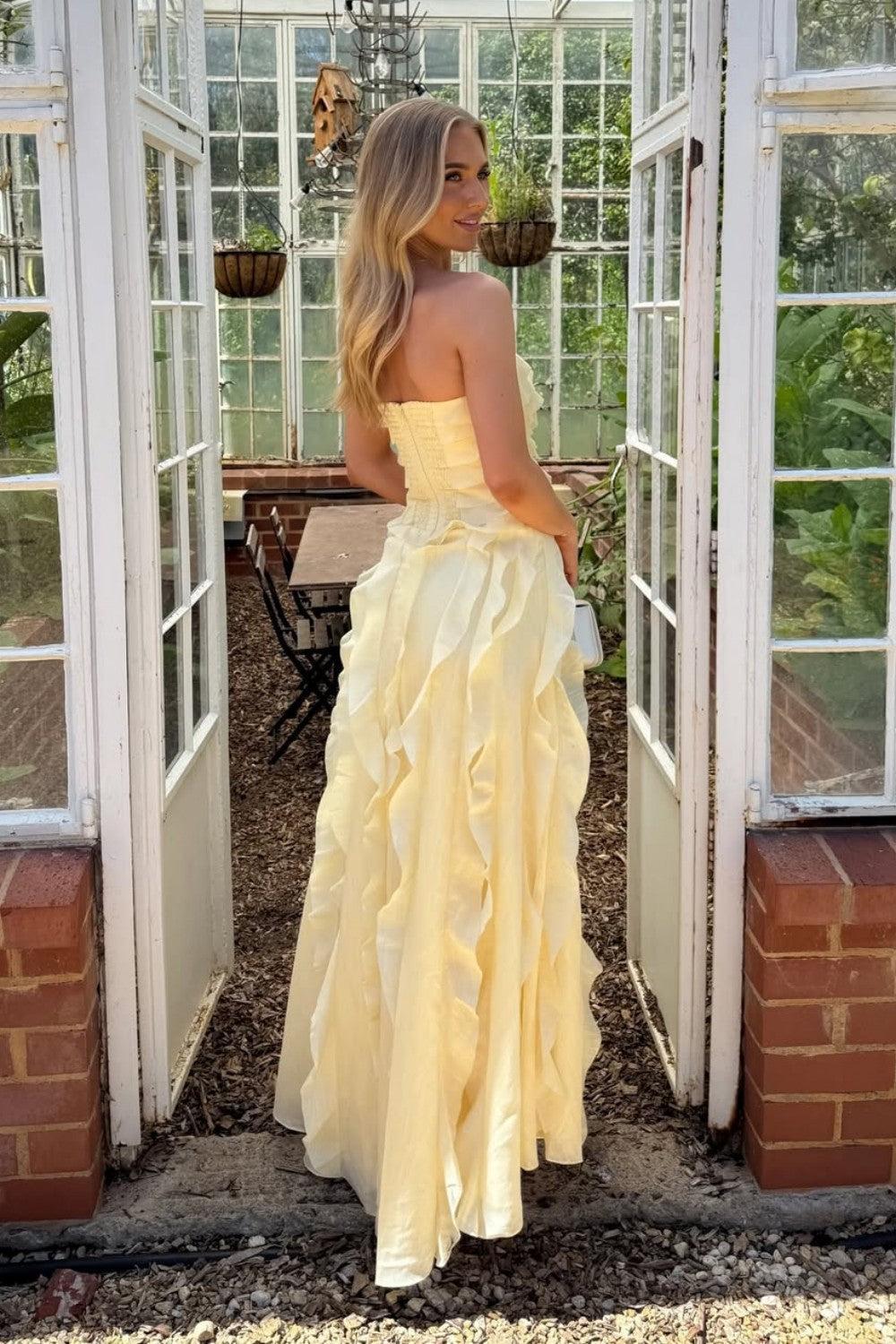 Yellow Strapless Ruffle Chiffon High Slit Long Prom Dress Formal Evening Gown