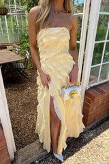 Yellow Strapless Ruffle Chiffon High Slit Long Prom Dress Formal Evening Gown