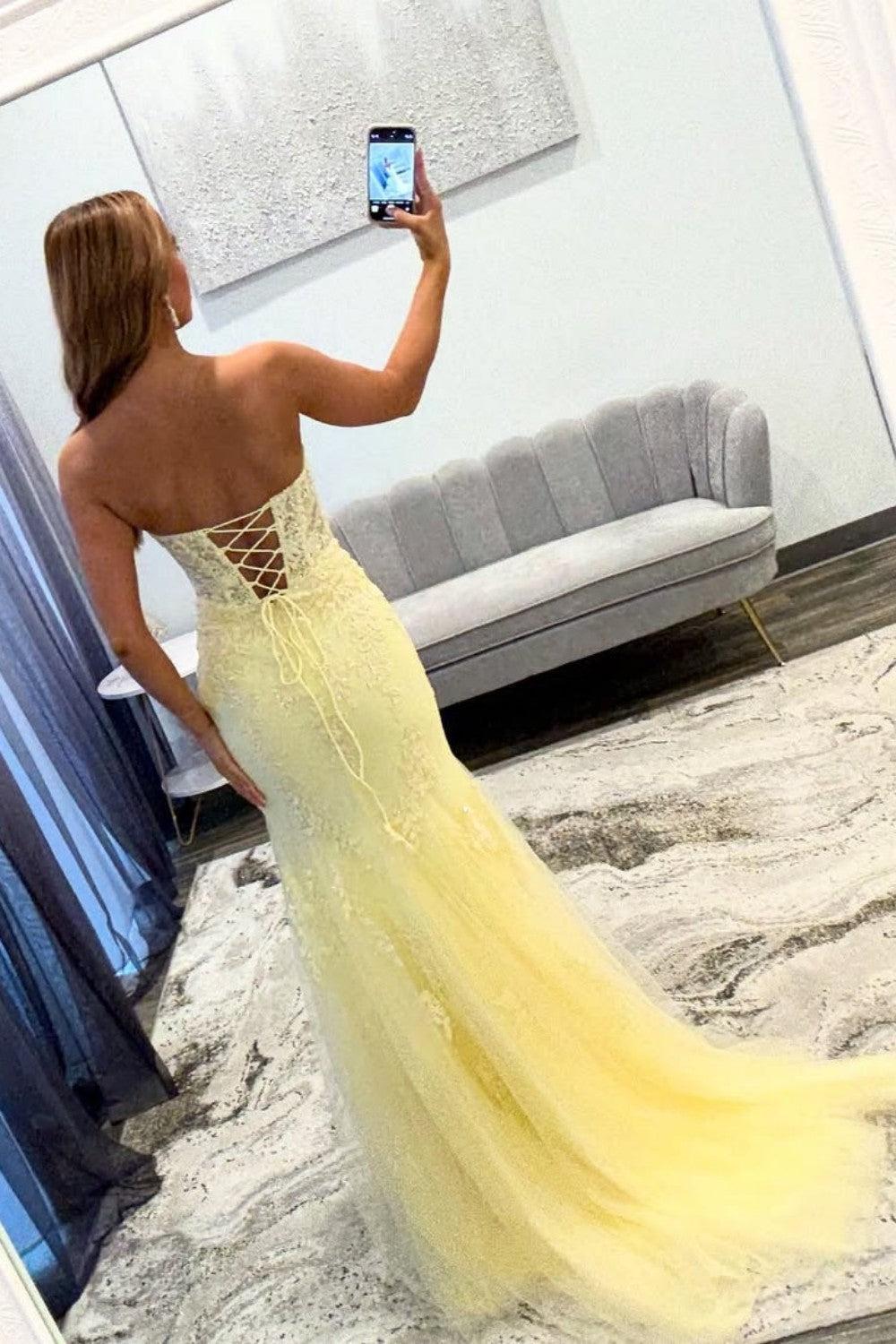 Dressystars Yellow Sweetheart Lace Up Cutout Prom Dress With Lace Details Formal Evening Gown