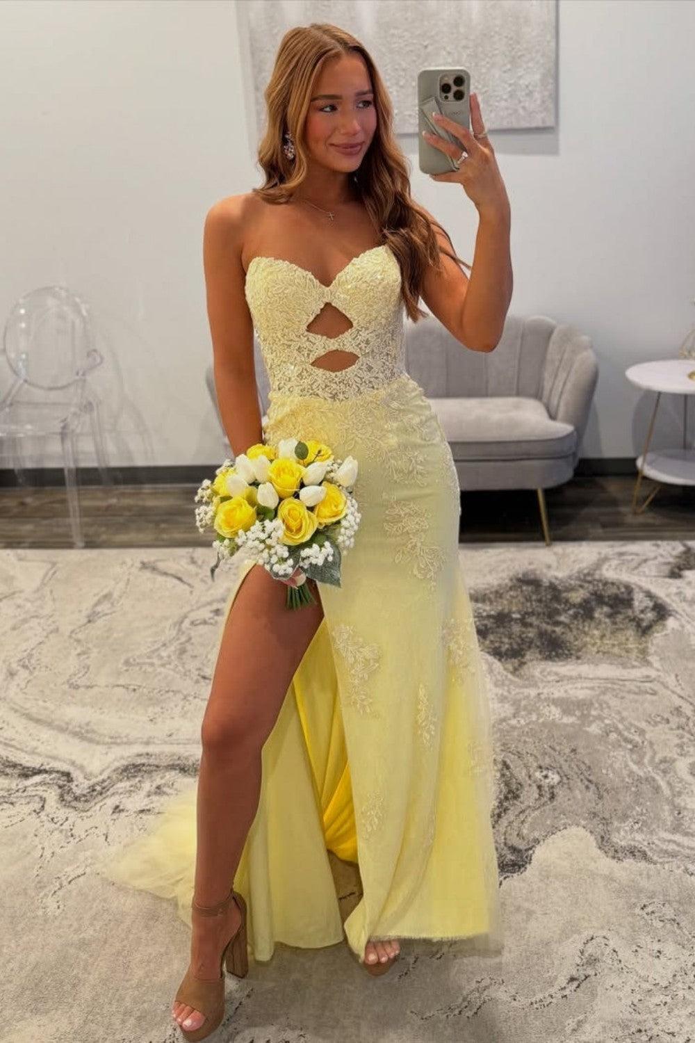 Dressystars Yellow Sweetheart Lace Up Cutout Prom Dress With Lace Details Formal Evening Gown