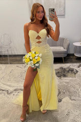 Dressystars Yellow Sweetheart Lace Up Cutout Prom Dress With Lace Details Formal Evening Gown
