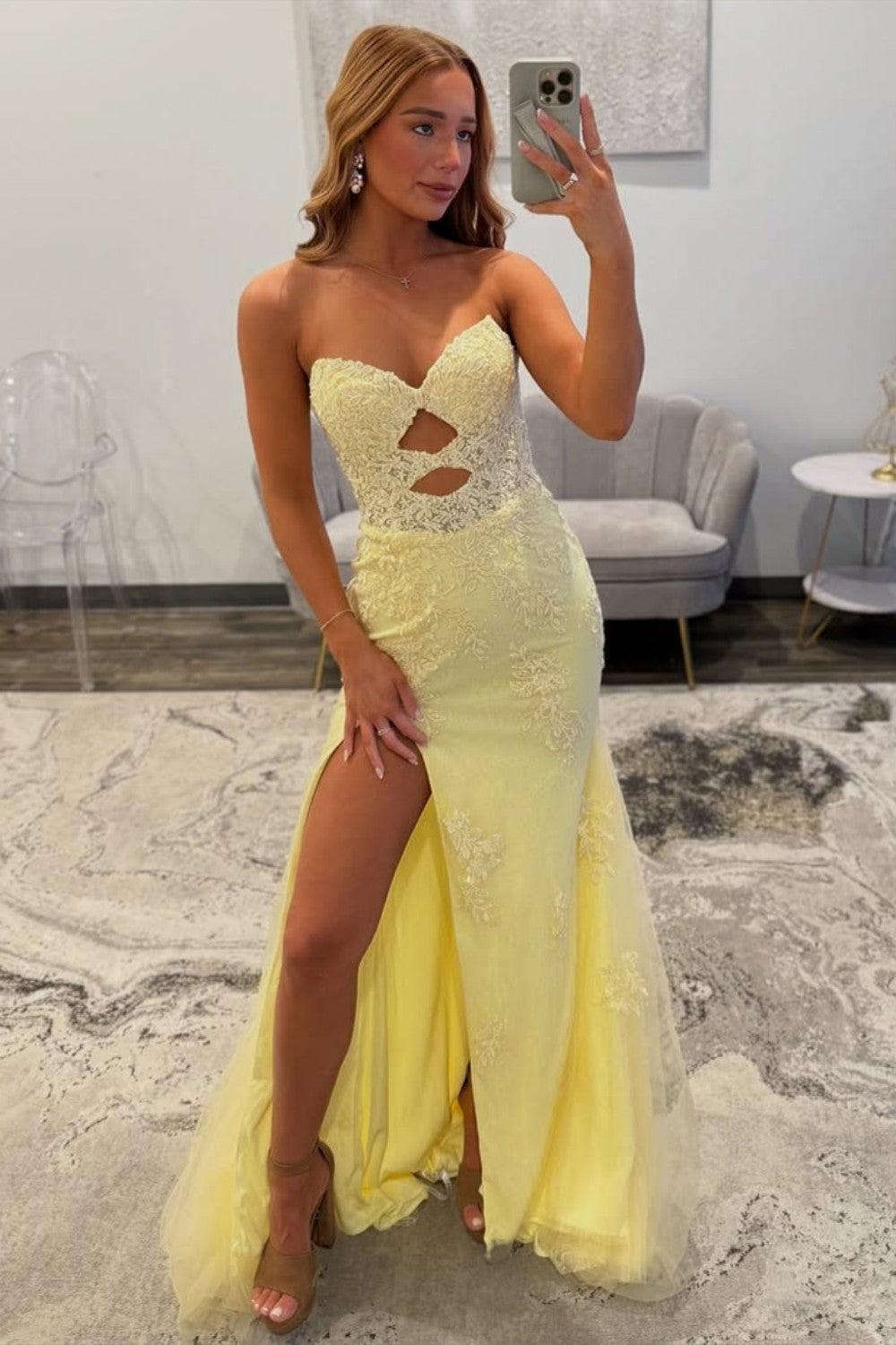 Dressystars Yellow Sweetheart Lace Up Cutout Prom Dress With Lace Details Formal Evening Gown