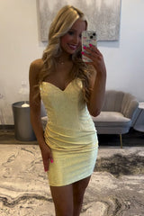Yellow Tight Homecoming Dresses Ruched Short Cocktail Dresses With Beading