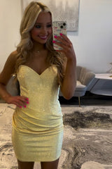 Yellow Tight Homecoming Dresses Ruched Short Cocktail Dresses With Beading