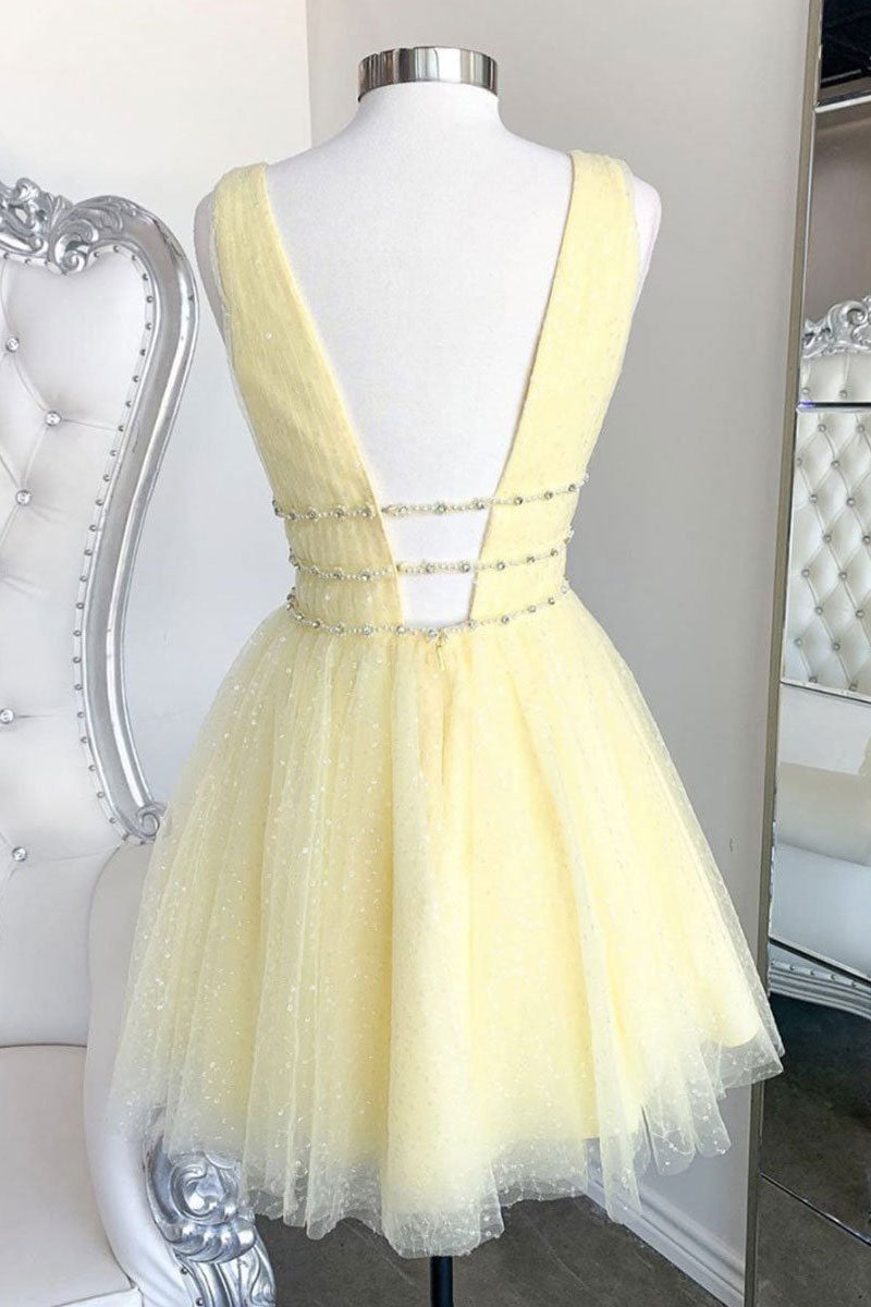 Yellow V Neck Homecoming Dress Tulle Sequin Short Formal Dress