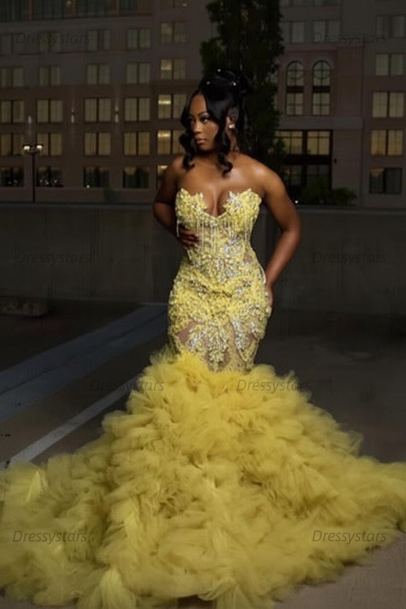 Mermaid Sweetheart Prom Dress Ruffled Sleeveless Formal Evening Gown with Rhinestones and Beadings