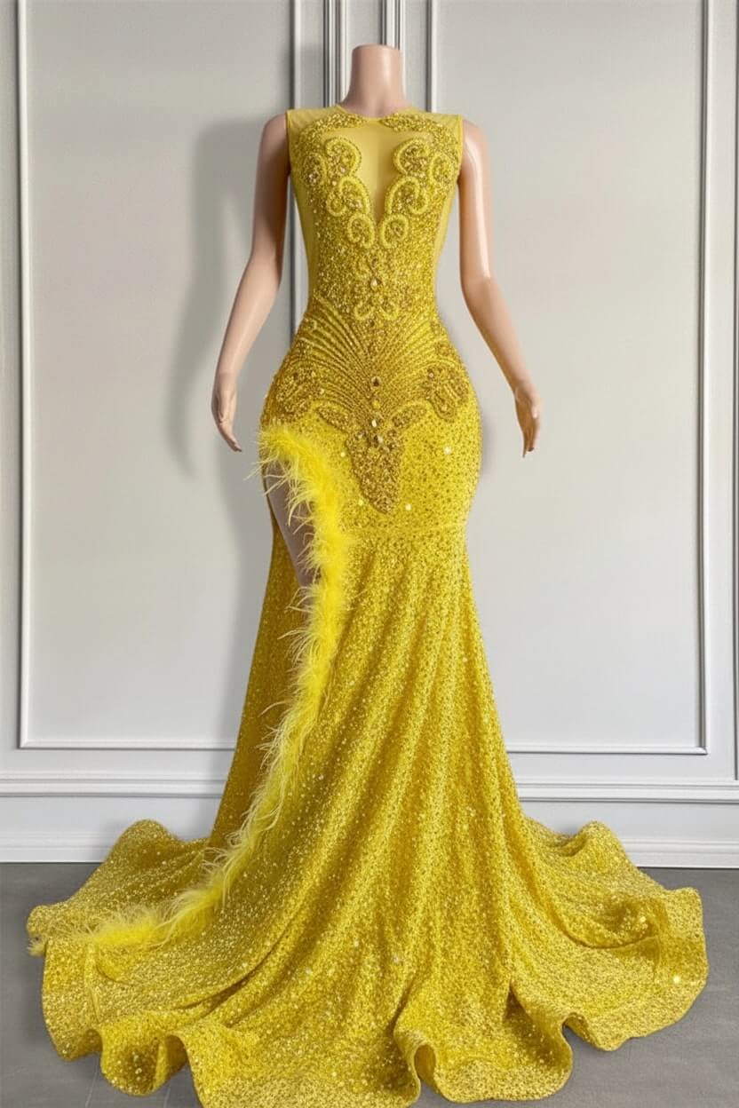 Mermaid Orange Sequined Formal Dress Lace Sleeveless Prom Dress with Feathers