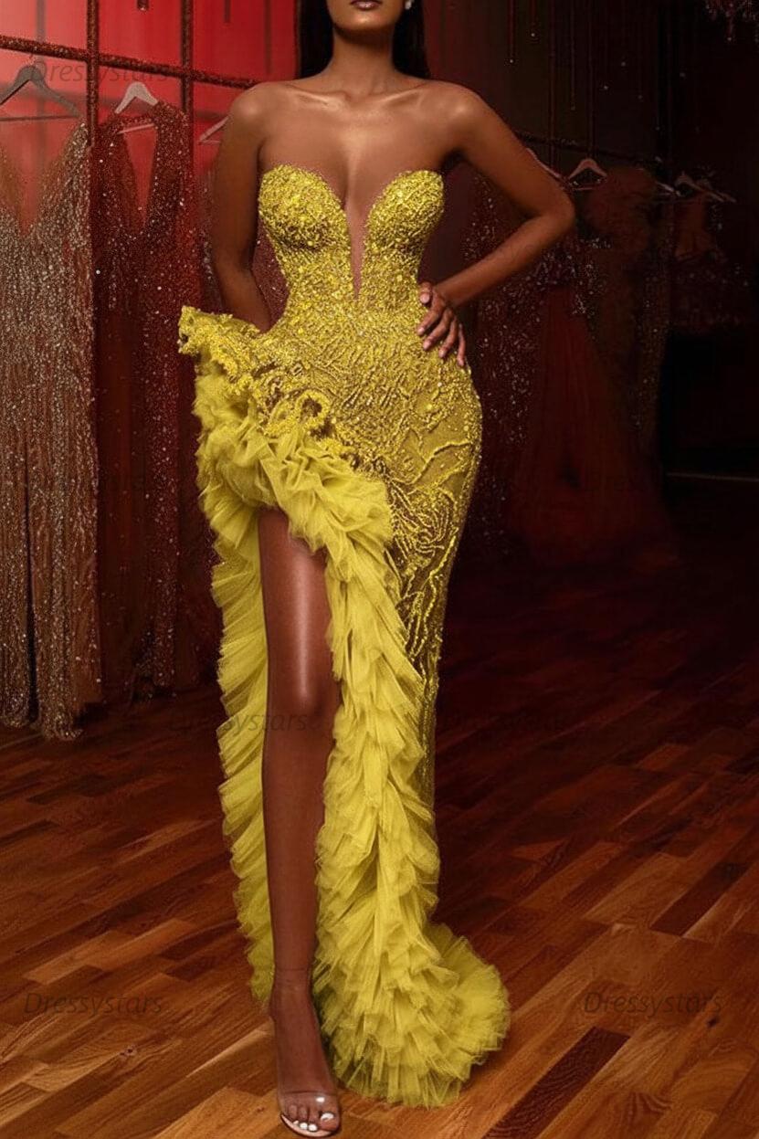 Gorgeous Mermaid Prom Dress Beading Sleeveless Long Split Evening Dress With Ruffles
