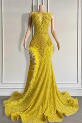 Mermaid Orange Sequined Formal Dress Lace Sleeveless Prom Dress with Feathers