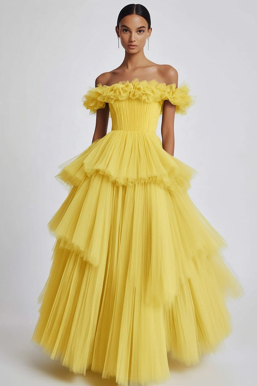Dusty Sage Formal Dress Tulle Off The Shoulder Ball Gown Wedding Guest Dress With Ruffles
