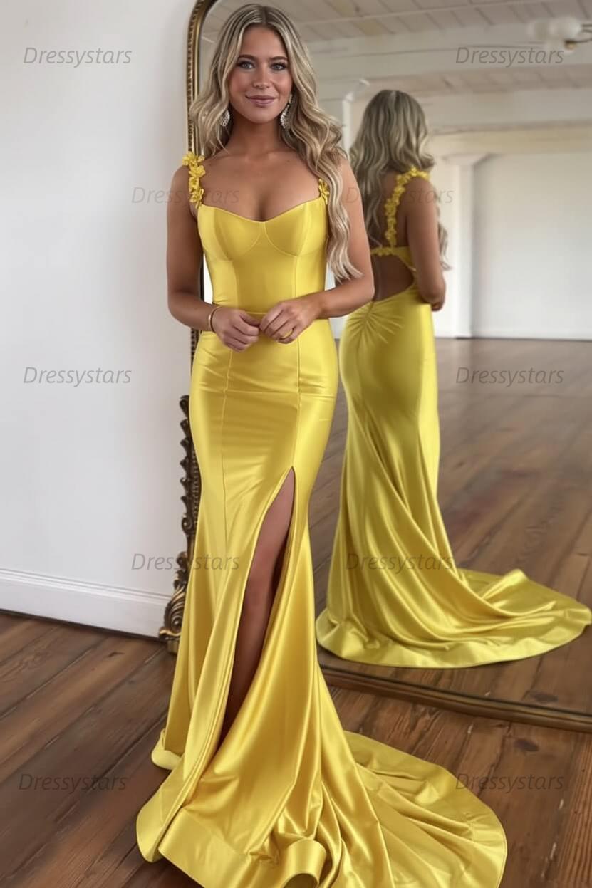 Red Prom Dress Spaghetti Straps Mermaid Satin Long Evening Dress with Slit
