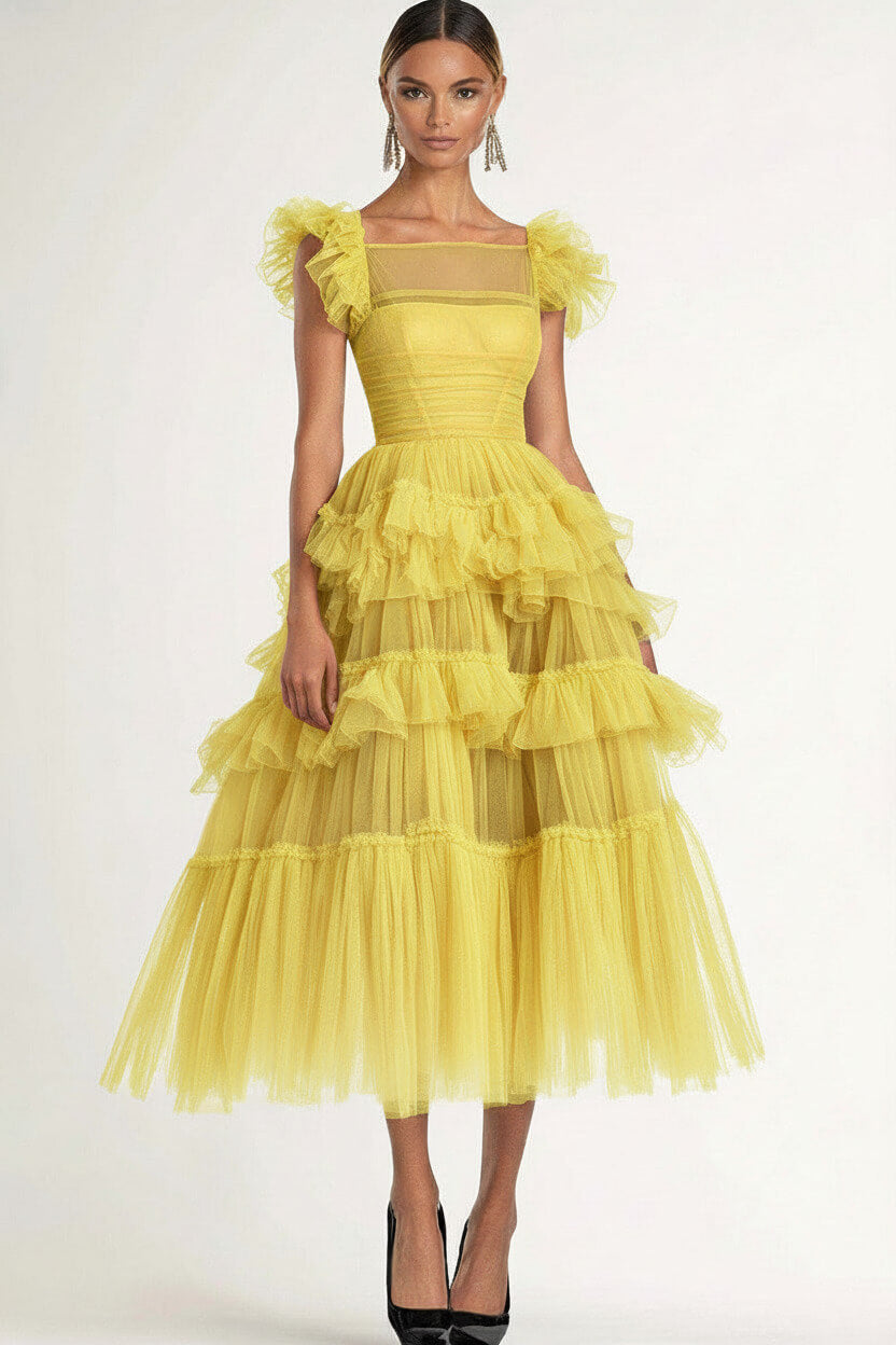 Dressystars Tea Length Black Wedding Guest Dress A-Line Flatter Sleeves Tulle Formal Dress With Ruffles
