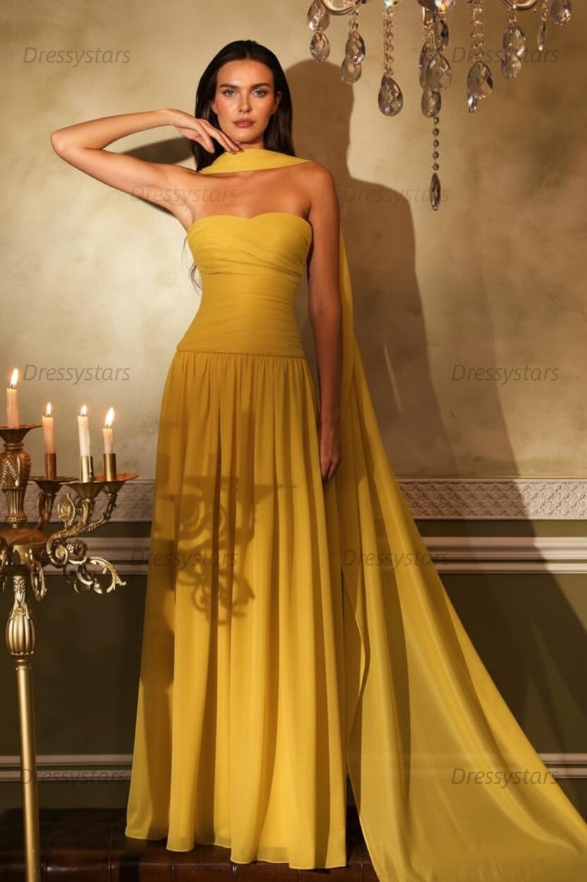 Orange A Line Prom Dress Sleeveless Strapless Formal Dress