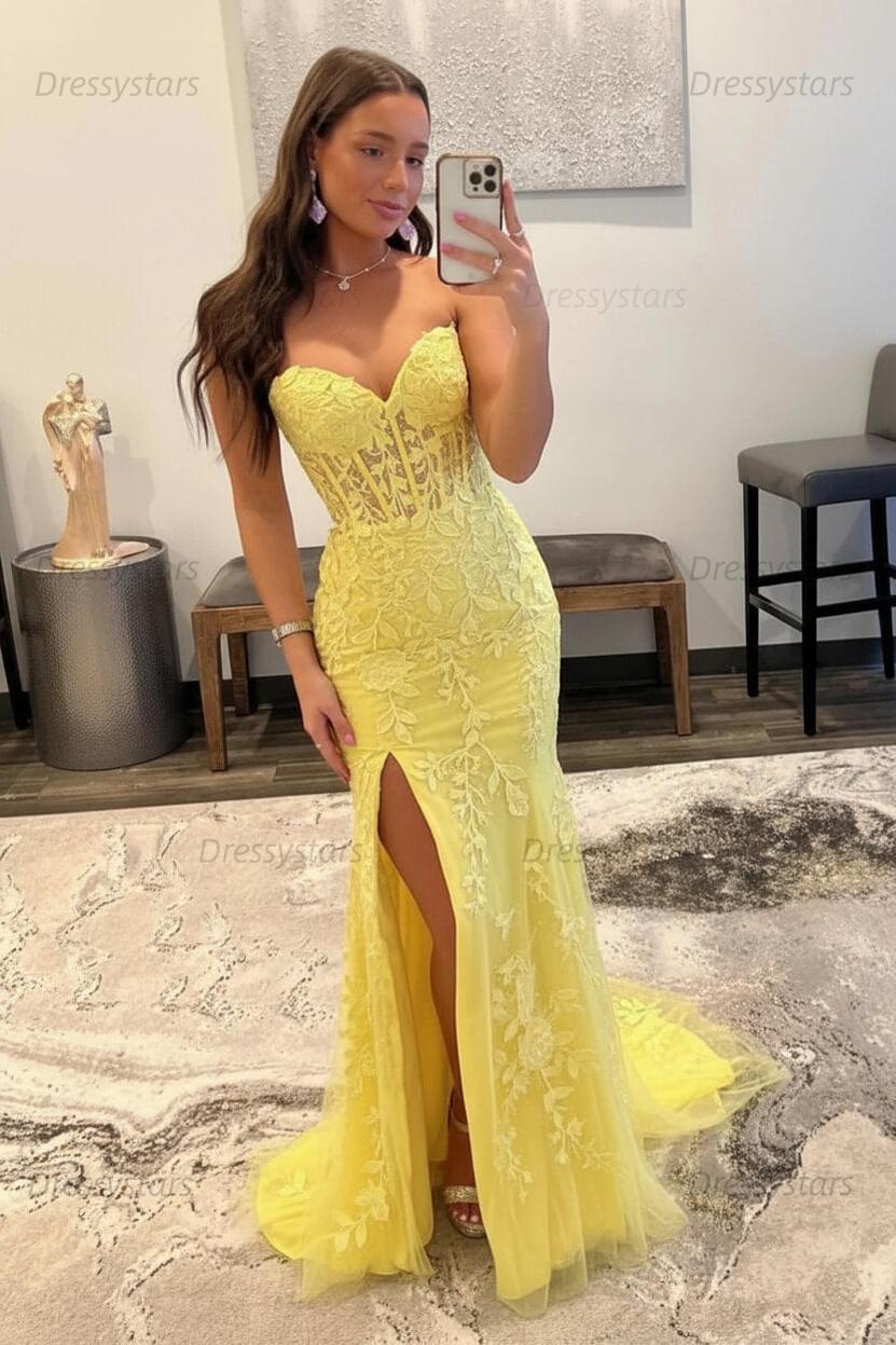 Black Prom Dress Corset Sweetheart Long Lace Mermaid Evening Dress with Slit