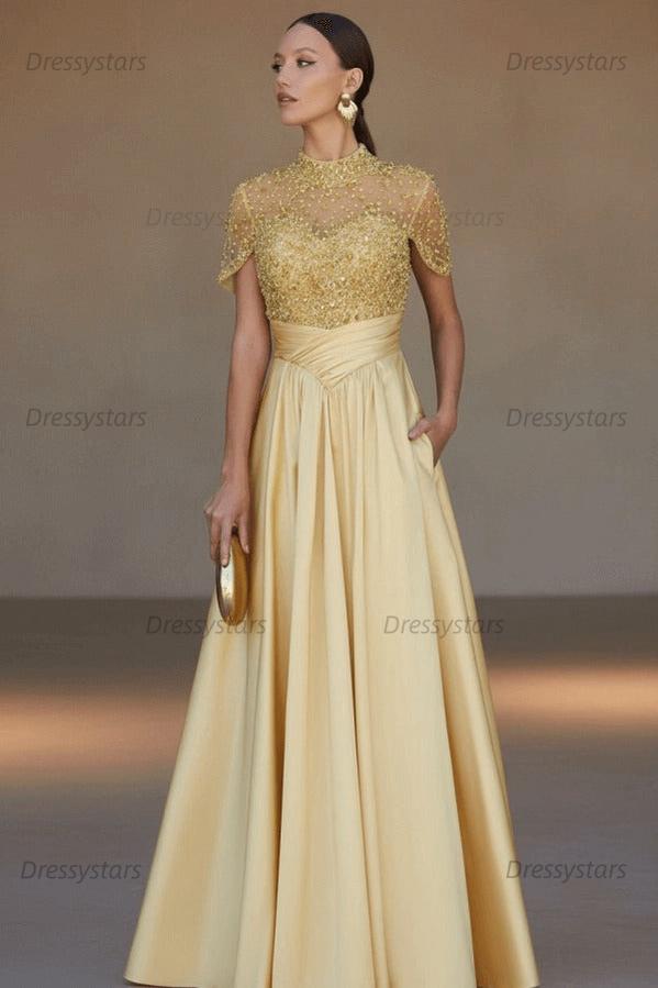 Green A Line Prom Dress Short Sleeve High Neck Formal Dress With Beadings and Rhinestones