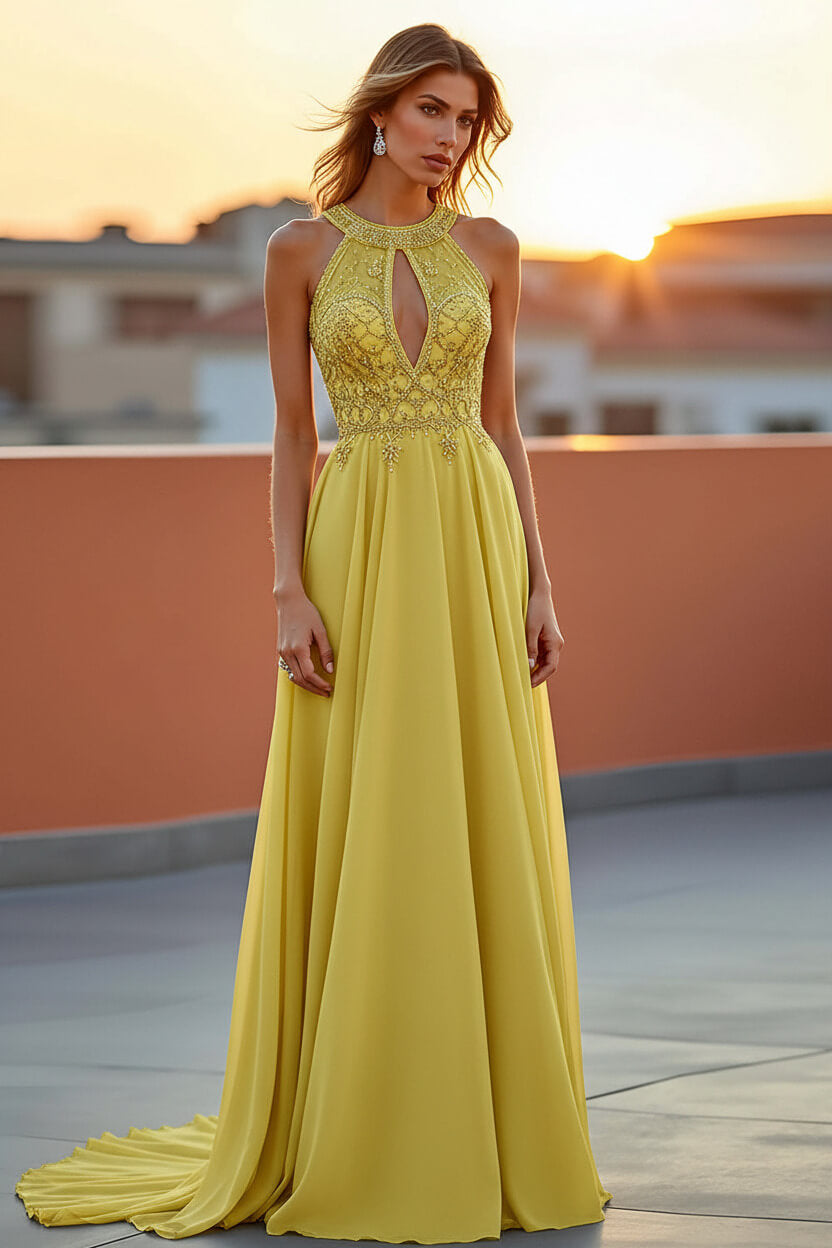 Dressystars Beaded Navy Wedding Guest Dress Halter Long Formal Dress With Embroideries