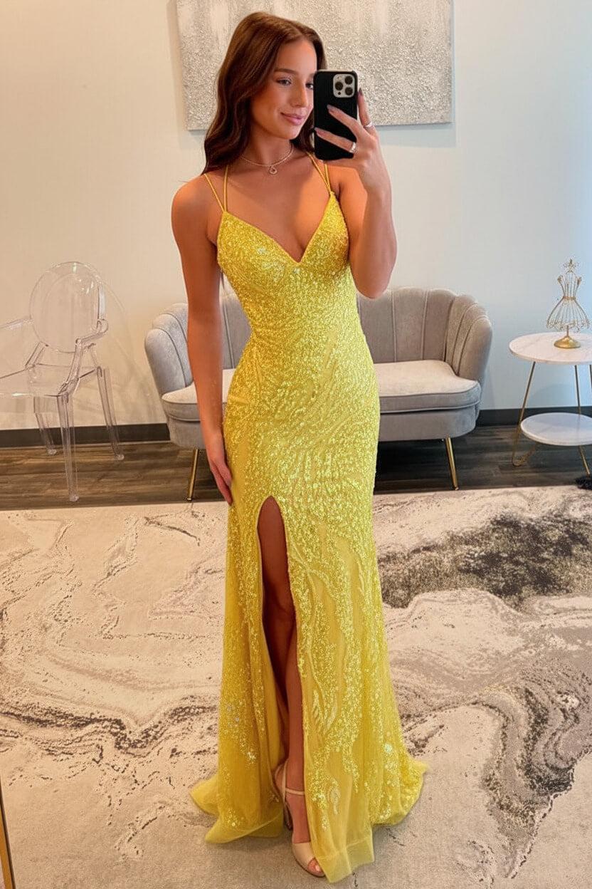 Dressystars Silver Sequin Spaghetti Strap Mermaid Slit Prom Dress With Crisscross Lace-Up Back Formal Evening Gown