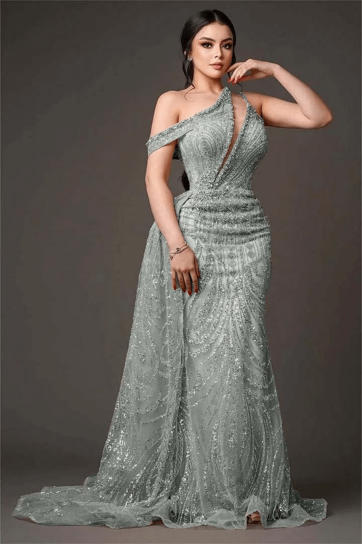 Champagne Mermaid Prom Dress Cap Sleeve Asymmetric Neck Formal Dress With Beadings and Rhinestones