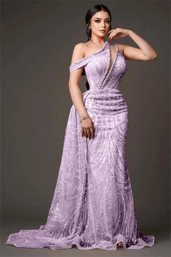 Champagne Mermaid Prom Dress Cap Sleeve Asymmetric Neck Formal Dress With Beadings and Rhinestones