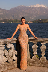 Dressystars Golden Prom Dress Strapless Beaded Sheath/Column Prom Evening Gown