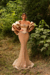 Dressystars Strapless Formal Dress Mermaid Beaded Evening Gown with Sleeves