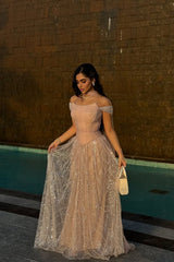 Dressystars Pink Off The Shoulder Beaded Formal Dress Sequined Tulle A Line Prom Evening Gown
