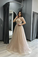 Dressystars A Line Formal Dress Off the Shoulder Beaded Prom Evening Gown