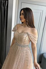 Dressystars A Line Formal Dress Off the Shoulder Beaded Prom Evening Gown
