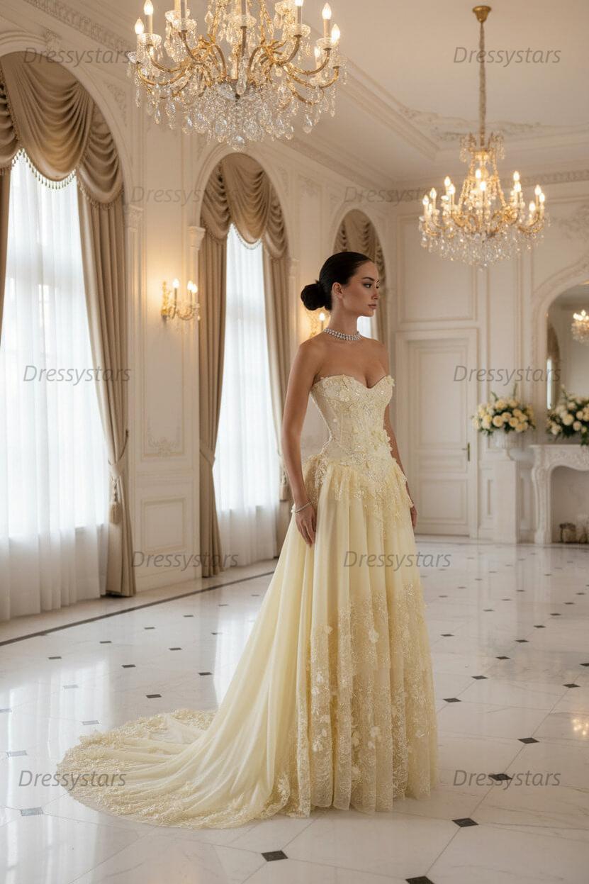 Yellow A Line Prom Dress Sleeveless Sweetheart Formal Dress With Lace Appliques