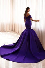 Dressystars Purple Off The Shoulder Formal Dress Satin Mermaid Prom Dress with Rhinestones