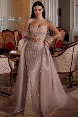 Dressystars Strapless Formal Dress Beaded Tulle Organza Prom Dress with Panel Train