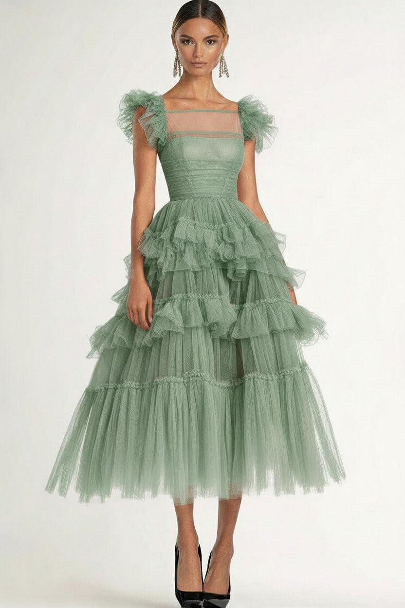 Dressystars Tea Length Black Wedding Guest Dress A-Line Flatter Sleeves Tulle Formal Dress With Ruffles