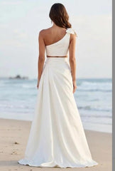 Dressystars One Shoulder White Satin Long Formal Dress With Slit