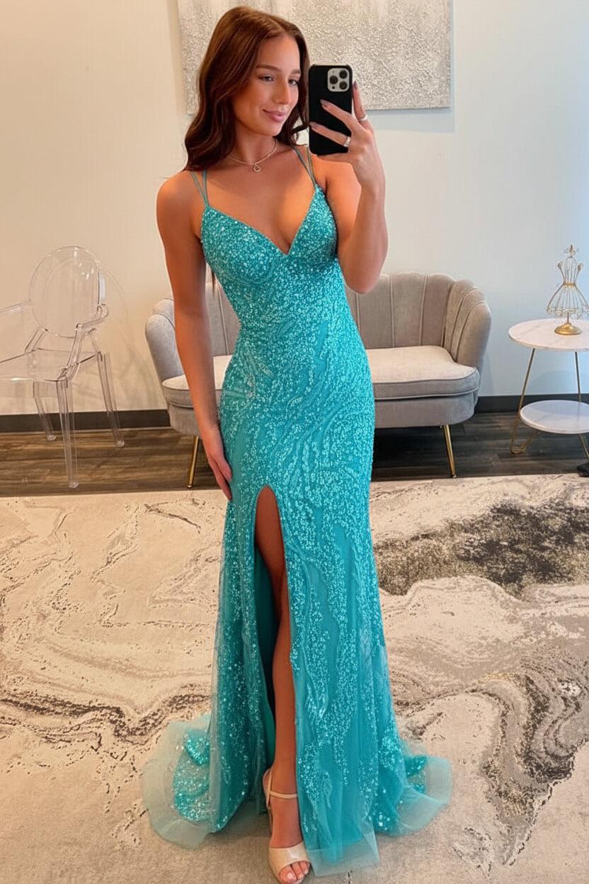 Dressystars Silver Sequin Spaghetti Strap Mermaid Slit Prom Dress With Crisscross Lace-Up Back Formal Evening Gown